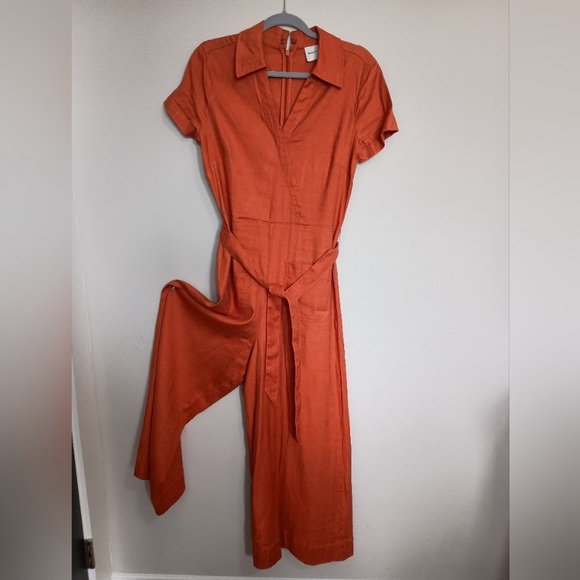 New Anthropologie Maeve Colette Linen Portside Wrap Jumpsuit Burnt Orange Rust 6 - Picture 2 of 7